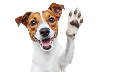 A happy dog with brown and white fur gives a paw with a big smile on his face, white background.