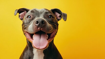 A happy grey pit bull with its tongue out, looking at the camera against a bright yellow background.
