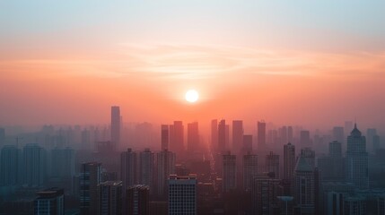 Fototapeta premium Minimalist city skyline at sunrise, urban landscape, modern architecture, morning cityscape