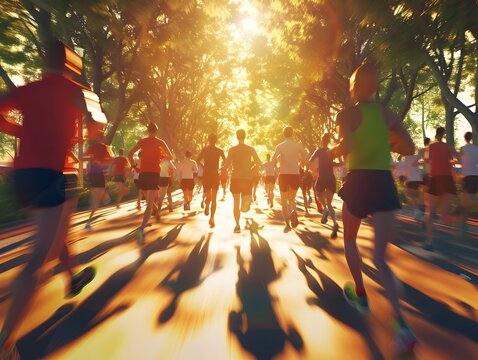Energetic Charity Marathon Runners in Vibrant Urban Park Setting