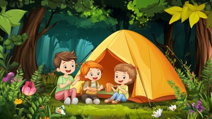 Children are enjoying delightful and joyful camping experience outdoors filled with smiles and games