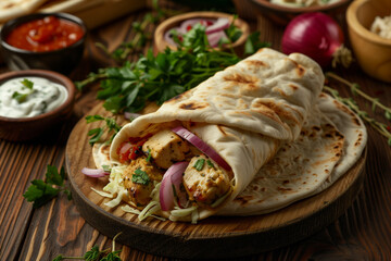 Delicious golden-brown burrito wrapped in pita filled with chicken and onion on rustic wooden table with fresh ingredients