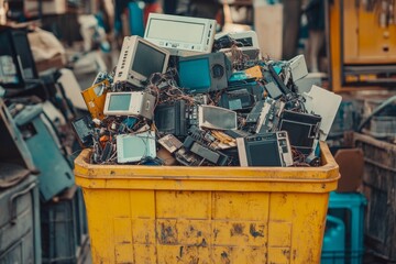 A vibrant yellow bin filled with outdated electronic devices. This image captures the essence of e-waste and its environmental impact. Ideal for sustainability topics. Generative AI