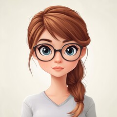 Fototapeta premium A charming cartoon girl with brown hair in a ponytail, depicted in stunning hyperdetailed realism. Perfect for villagecore themes