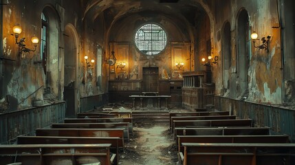 dramatic interior of an old abandoned courtroom or church with grungy walls and decorative lamps atmospheric architectural photography