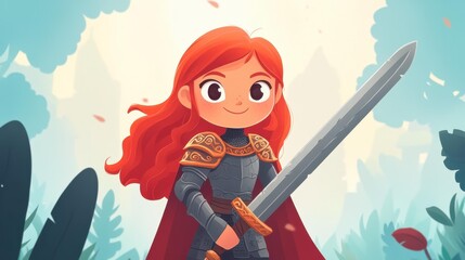 A cute knight girl in shiny armor, red cloak, and a big sword radiates charm with her light smile and red hair.