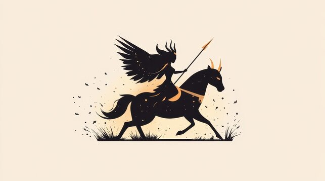 recommend clip art: A striking valkyrie silhouette charges into battle, spear in hand, riding a majestic creature with big horns.
