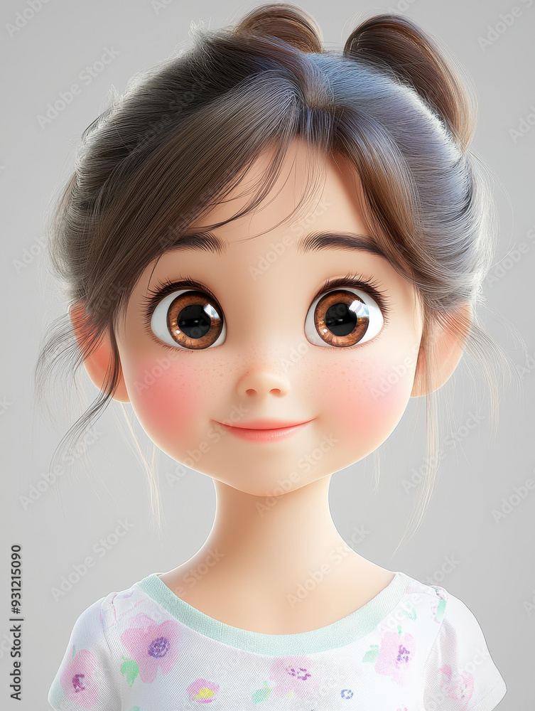 Poster a portrait of a cute girl with expressive eyes and a playful smile, showcasing iridescent colors and