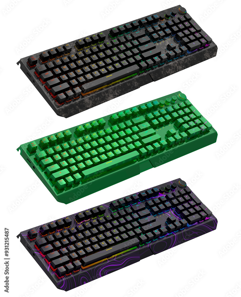 Poster collection of mechanical keyboards isolated on white background with clipping path. 3d rendering of 