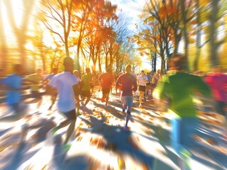 Diverse Runners in Vibrant 5K Charity Marathon With Energetic Motion Blur and Warm Sunlight