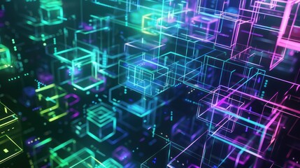 Abstract Digital Network of Glowing Neon Cubes