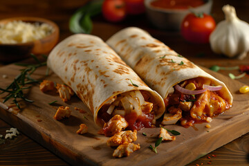 Delicious chicken burritos wrapped in tortilla with fresh herbs and tomato sauce on a wooden table