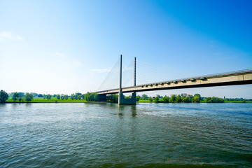 View of the Rees Kalkar Rhine bridge. Construction of a cable-stayed bridge on the Rhine River.
