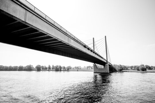 View of the Rees Kalkar Rhine bridge. Construction of a cable-stayed bridge on the Rhine River.
