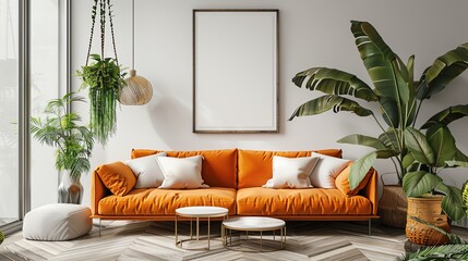 Empty poster frame in living room interior with sofa and side table  3d rendering