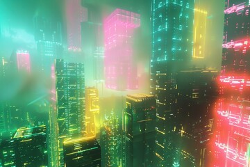 Obraz premium A futuristic holographic cityscape, with abstract buildings and floating structures glowing in neon hues.A futuristic holographic cityscape, with abstract buildings and floating structures glowing in 