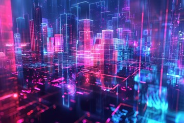 Obraz premium A futuristic holographic cityscape, with abstract buildings and floating structures glowing in neon hues.A futuristic holographic cityscape, with abstract buildings and floating structures glowing in 