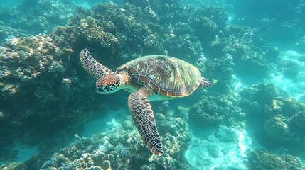 Fototapeta premium A sea turtle swims through a coral reef, its shell blending with the colorful coral.