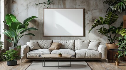 Empty poster frame in living room interior with sofa and side table  3d rendering