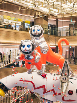 Big Cat Bang astronaut cats by Japanese artist Kenji Yanobe display in Ginza Six shopping centre : Tokyo, Japan- Jul 15, 2024