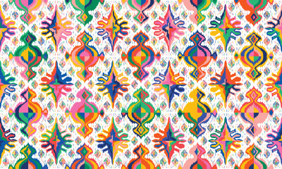 Abstract Ikat seamless pattern, perfect for ethnic-themed backgrounds, curtains, carpets, wallpapers, clothing, and decorations. Ideal for wrapping paper, batik,greeting cards, printing,creative uses.