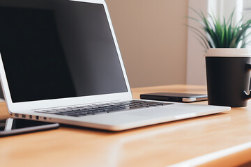 Fototapeta premium A modern workspace featuring laptop, smartphone, coffee cup, and plant, conveying sense of productivity and focus.