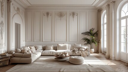 European interior design of a living room in an apartment house warm colors white soft colors