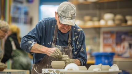 Seniors shaping clay in ceramics class with diverse backgrounds, guided by instructor in well-lit studio, fostering creativity and craftsmanship.
