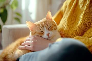 A cozy moment between person and cat, showcasing warmth and affection. cat appears content and relaxed.
