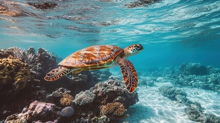 Fototapeta premium A sea turtle swims through a vibrant coral reef in clear turquoise water.