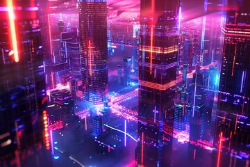 Obraz premium A futuristic holographic cityscape, with abstract buildings and floating structures glowing in neon hues.A futuristic holographic cityscape, with abstract buildings and floating structures glowing in 