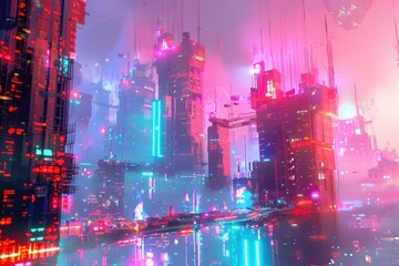 Obraz premium A futuristic holographic cityscape, with abstract buildings and floating structures glowing in neon hues.A futuristic holographic cityscape, with abstract buildings and floating structures glowing in 