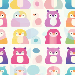 A colorful seamless pattern featuring stylized penguins and other animals in a geometric design. The pastel palette is playful and modern, great for kids’ projects.