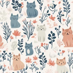 Gardinen Kinderzimmer Muster  Adorable seamless pattern featuring cute cats surrounded by delicate flowers and plants on a light background. Ideal for children’s products and decorative designs.  © BetterPhoto