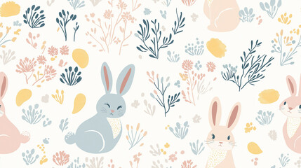 Sweet and whimsical seamless pattern with pastel-colored bunnies and flowers on a light background. Perfect for baby products, nursery decor, and children&rsquo;s designs.