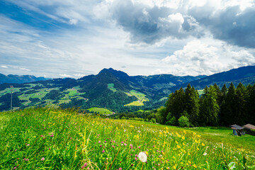 View from the Reiterkogel mountain near Saalbach Hinterglemm. Landscape on the mountain with the...