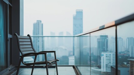 Simplistic balcony with single chair, city view, copy space, tack-sharp focus, deep depth of field
