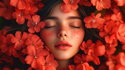 Woman with a serene expression surrounded by blooming flowers, Tranquility, Positive energy