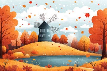 Autumn Landscape Illustration with Windmill, Trees and Pond