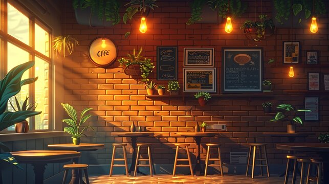 interior of room lofi image cafe 2d cartoon room