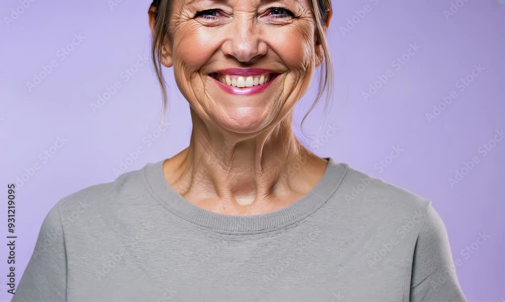 Sticker Close up portrait of a happy woman smiling and looking at camera isolated over violet background