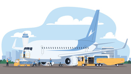 A team of aircraft maintenance workers. Preparing the plane for flight. Airline ground staff. Vector illustration