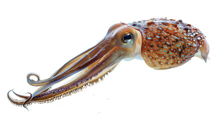 Obraz premium Cuttlefish swimming underwater in a river on a white background, showcasing its vibrant colors and long tentacles