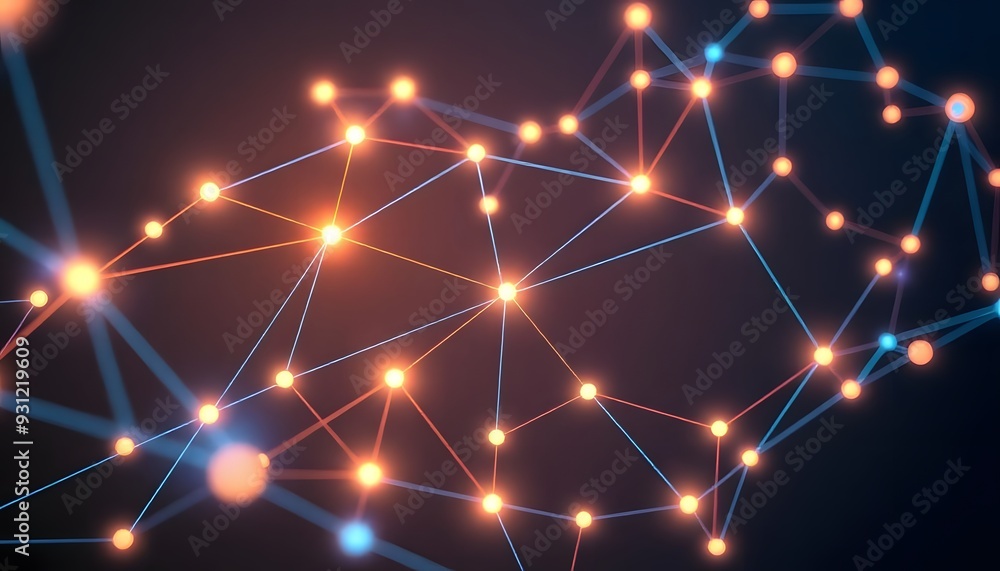 Poster a futuristic network of glowing nodes and interconnected lines against a dark background, creating a