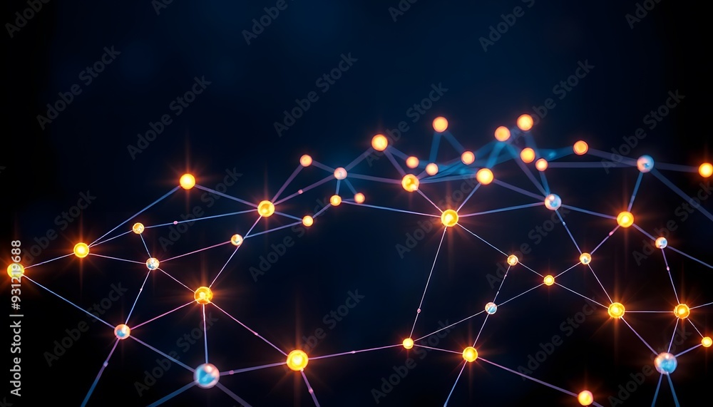 Poster a futuristic network of glowing nodes and interconnected lines against a dark background, creating a