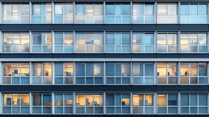 Obraz premium A low-angle view of a modern office building facade with many windows. The lights are on in some of the offices.
