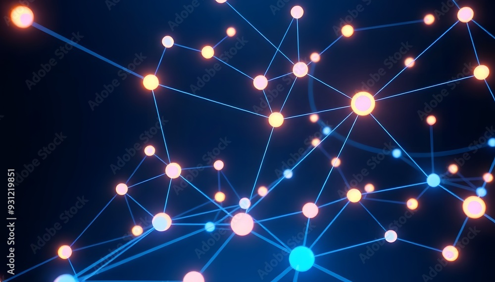 Poster a futuristic network of glowing nodes and interconnected lines against a dark background, creating a