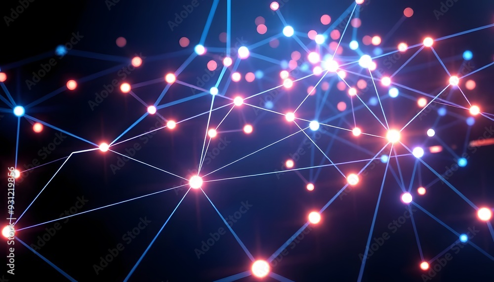 Poster a futuristic network of glowing nodes and interconnected lines against a dark background, creating a