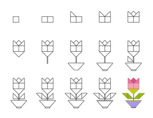 How to draw step by step? Worksheet easy guide to drawing cartoon flower rose.