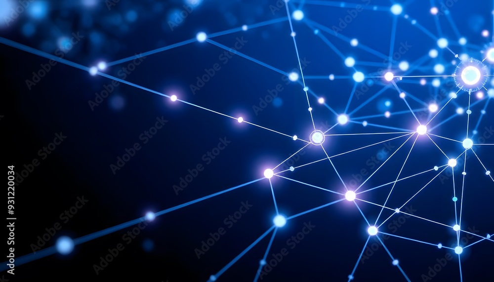 Poster a futuristic network of glowing nodes and interconnected lines against a dark background, creating a